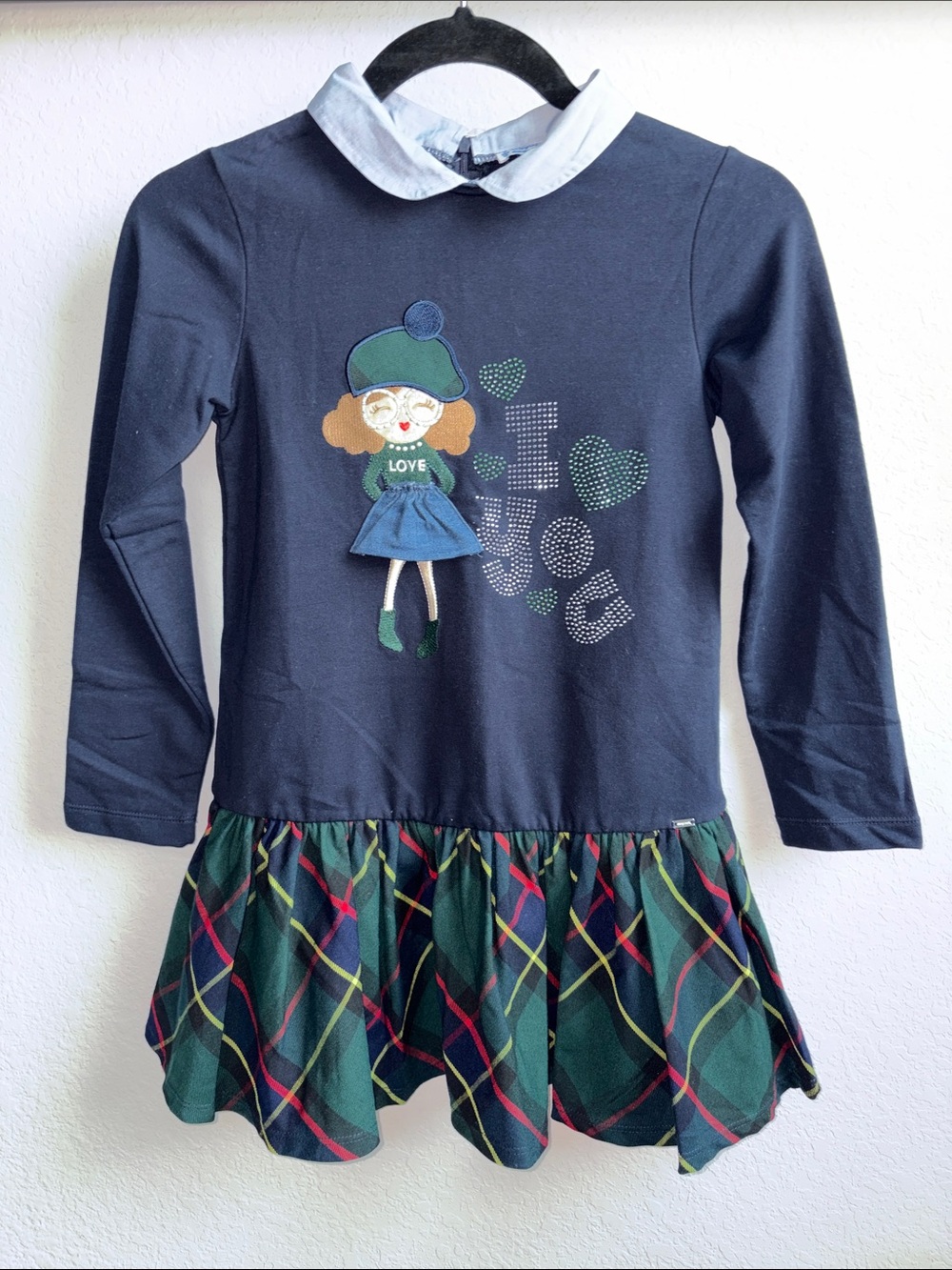 Mayoral Navy Dress with Green Plaid Skirt and Doll Appliqué